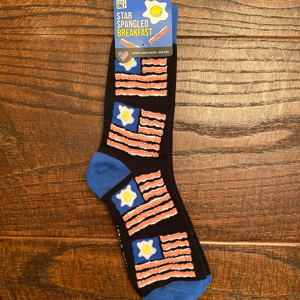 Patriotic Bacon & Eggs Socks, Unisex Crew Socks, 1 Size, Star Spangled Breakfast